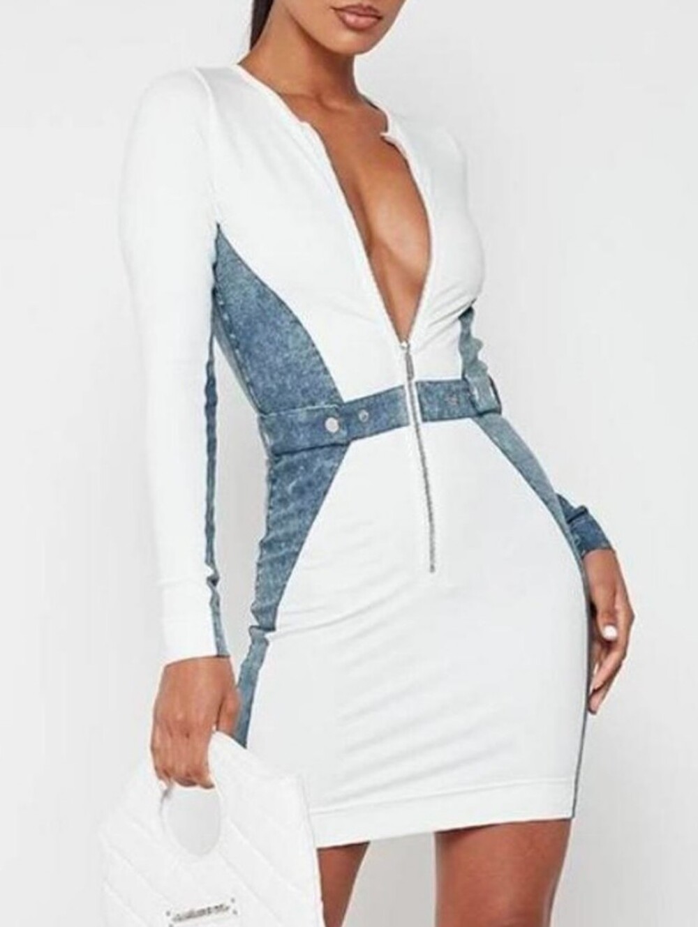 Maniere De Voir Half Denim Bodycon Dress Size 4 READ No BELT Also FLAW